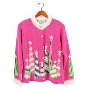 NWT Design Options Pink Christmas Tree Holiday Cardigan Embellished Sweater M